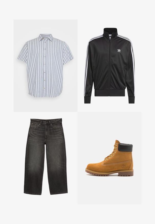 Fekete poliészter zipzáros dzseki magas gallérral, fehér háromsávos mintázattal az ujjak mentén, és kisméretű fehér Adidas logóval a bal mellrészen.; Rövid ujjú, fehér ing kékkel vertikális csíkokkal. Klasszikus gallérral és fából készült gombokkal van ellátva az elején.; Fehér, izmos szabású póló, tiszta pamutból készült. Kerek nyak, rövid ujjú, sima tapintású. Kis fekete logó címke az alsó szegélyen. Egyszerű dizájn.; Fekete, széles lábú farmernadrág, elülső zsebekkel, övhurkokkal és gombos záródással, amely finom fakulással és gyűrődéssel rendelkezik.; Barna velúr bokacipő fekete párnázott gallérral, arany fém fűzőlyukakkal, fehér varrási részletekkel és durva gumitalppal, amelynek kifejezett barázdái vannak.