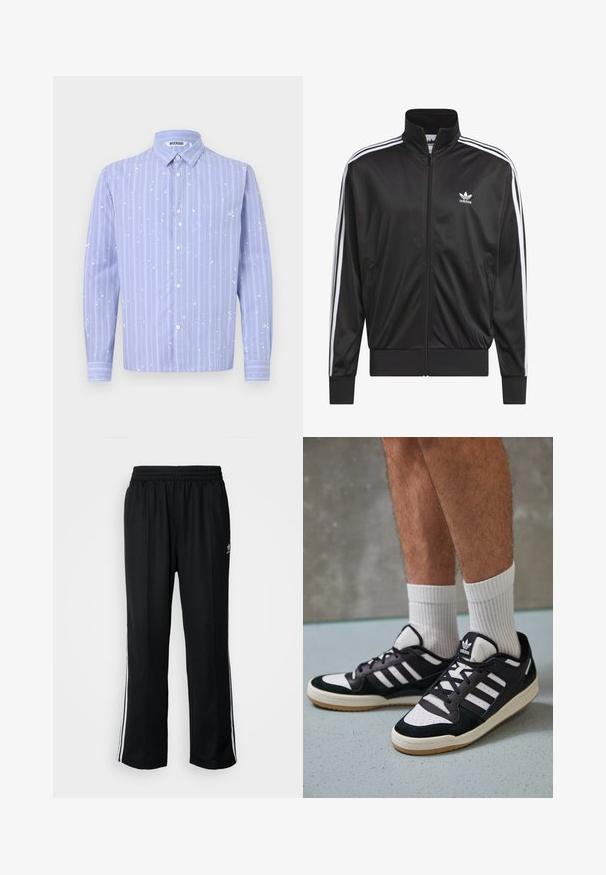 Juodas poliesterinis užtrauktukas su aukštu apykakle, baltos trijų juostelių dizainas palei rankoves ir mažas baltas Adidas logotipas kairiajame krūtinės pusėje.; Šviesiai mėlyna marškinė su baltais vertikaliais raštais ir dažų purslų detalėmis. Turi apykaklę ir ilgas rankoves.; Juodi sportiniai keliai su elastingu juosmeniu, su baltais šonais ir mažu logotipu. Atrodo, kad medžiaga yra minkšta ir lengva.; Juodos ir baltos sportinės bateliai su zomšiniu ir odiniu viršumi, su trimis baltomis juostelėmis, perforuota koja ir guminėmis padais.