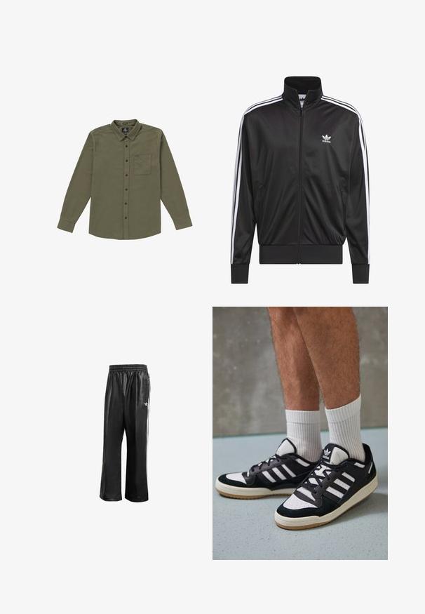 Black polyester zip-up jacket with high collar, white three-stripe design along sleeves, and small white Adidas logo on left chest.; Men's button-up shirt in olive green. Made of soft fabric, featuring long sleeves, a chest pocket, and black buttons. Standard collar design.; Black synthetic track pants with an elastic waistband, featuring white side stripes and a small white logo on the left hip.; Black and white sneakers with a suede and leather upper, featuring three white stripes, a perforated toe, and a gum rubber sole.