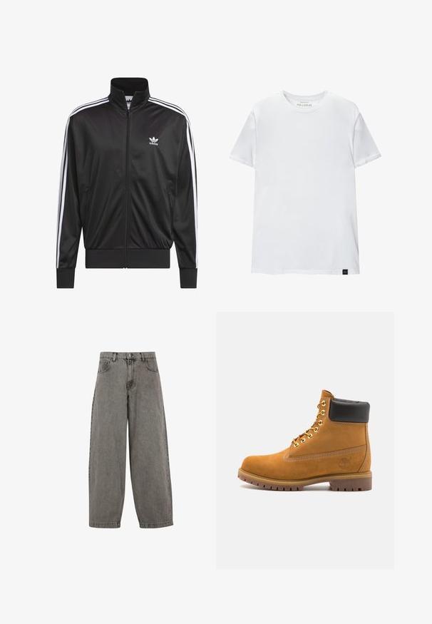 Crna poliester jakna s patentnim zatvaračem i visokim ovratnikom, bijeli dizajn s tri pruge duž rukava i mali bijeli Adidas logo na lijevoj strani prsnog koša.; Bijela majica uskog kroja od pamuka. Okrugli izrez, kratki rukavi, glatka tekstura. Mali crni logo na rubu. Jednostavan dizajn.; Sive traperice visokog struka, širokih nogavica, klasičnog dizajna s pet džepova i kopčanjem na gumbe sprijeda. Blago teksturirani završni sloj.; Antracitne antilop čizme do gležnjeva s crnim podstavljenim ovratnikom, zlatnim metalnim rupicama, bijelim šavovima i robusnom gumenom potplatom s izraženim šarama.