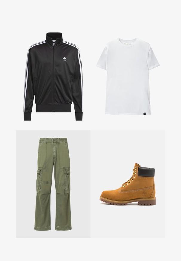 Svart polyester zip-up jacka med hög krage, vit tre-stripes design längs ärmarna, och liten vit Adidas-logga på vänster bröst.; Vit muskelpassande t-shirt tillverkad i bomull. Rund hals, korta ärmar, slät textur. Litet svart logotag vid fållen. Enkelt design.; Olivgröna cargobyxor med avslappnad passform, som har flera sidofickor, stickade detaljer och en knäppning i midjan.; Tan mockasins ankelstövlar med svart vadderad krage, guldmetallöglor, vit sömdekor och slitstöt gummisula med utmärkta mönster.