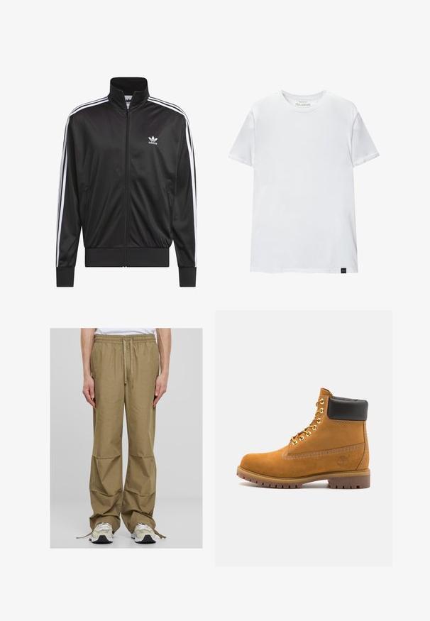 Czarna kurtka polarowa z zamkiem błyskawicznym i wysokim kołnierzem, biała trójpasowa linia wzdłuż rękawów oraz małe białe logo Adidas na lewej piersi.; Biała koszulka dopasowana z bawełny. Okrągły dekolt, krótkie rękawy, gładka faktura. Mała czarna metka z logo na dole. Prosty design.; Jasno khaki spodnie cargo z elastycznym pasem, związywaniem na sznurku i szerokim, luźnym krojem. Posiada boczne kieszenie i gładką teksturę materiału.; Beżowe zamszowe botki sięgające kostki z czarną wyściełaną krawędzią, złotymi oczkami, białymi detalami szycia oraz wytrzymałą gumową podeszwą z wyraźnym bieżnikiem.