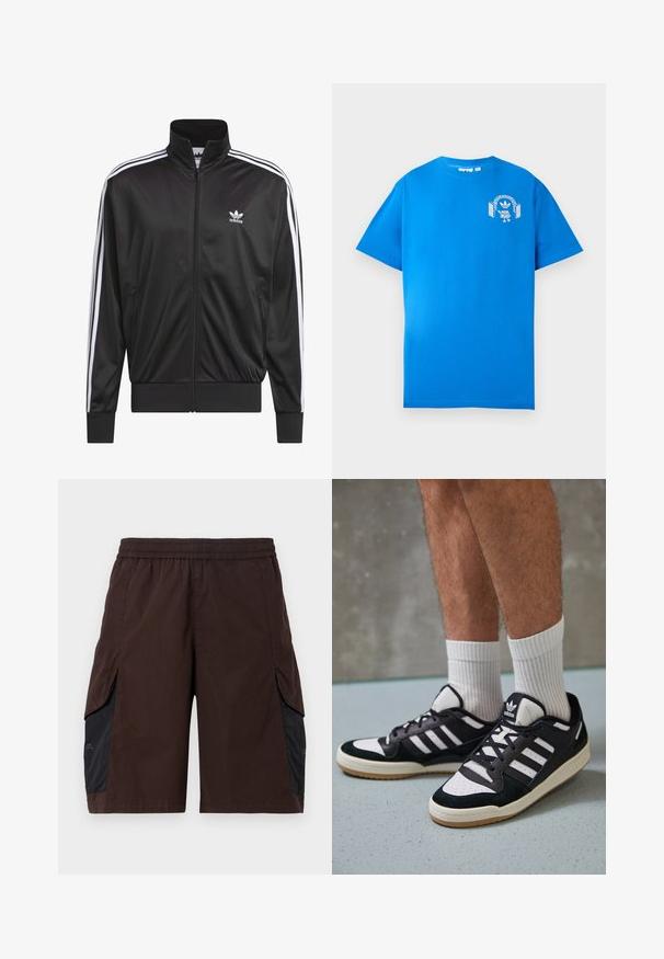 Crna poliester jakna s patentnim zatvaračem i visokim ovratnikom, bijeli dizajn s tri pruge duž rukava i mali bijeli Adidas logo na lijevoj strani prsnog koša.; Plava pamučna majica s kratkim rukavima. Sadrži bijeli grafički dizajn sprijeda, koji prikazuje lik s slušalicama i lukom.; Smeđe kratke hlače s elastičnom waistband-om, uz crne bočne panele i džepove s bočnim ulazom. Materijal izgleda lagano s glatkom teksturom.; Crne i bijele tenisice s gornjim dijelom od antilopa i kože, s tri bijele pruge, perforiranim prstom i gumiranim potplatom.