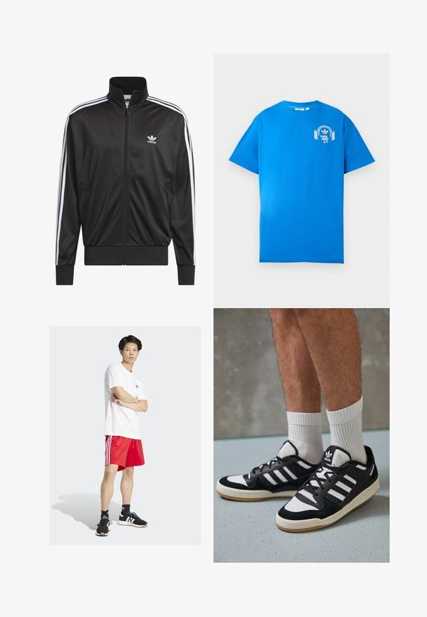 Melnas poliestera zip-up jaka ar augstu apkakli, baltu triju svītru dizainu gar piedurknēm un mazliet baltu Adidas logo kreisajā krūtī.; Zila kokvilnas T-krekls ar īsām piedurknēm. Priekšpusē ir balts grafiskais dizains, kurā attēlots varonis ar austiņām un arku.; Balts kokvilnas T-krekls, sarkanas sporta šorti ar trim baltām svītrām, melni sporta apavi ar baltām akcentiem, stāvot ar saliktām rokām.; Melnas un baltas kedas ar zamša un ādas augšdaļu, kas aprīkotas ar trim baltām svītrām, perforētu purngali un gumijas zolēm.