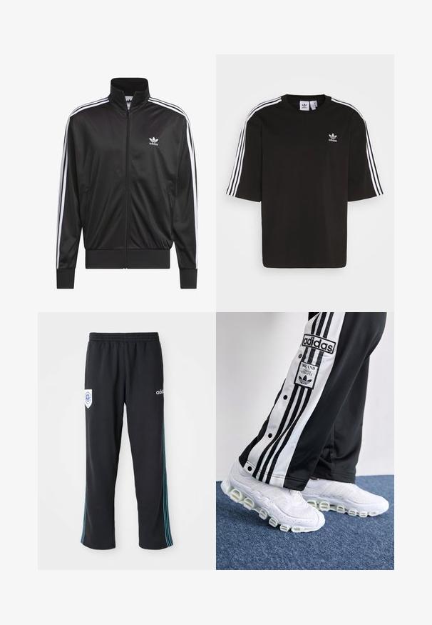 Zwarte polyester zip-up jas met hoge kraag, witte drie-strepen ontwerp langs de mouwen en klein wit Adidas-logo op de linkerbovenborst.; Zwarte T-shirt met korte mouwen, gemaakt van katoen, met witte drie-strepen accenten op de schouders en een geborduurd Adidas-logo op de borst.; Zwarte polyester sportbroeken met een elastische tailleband, met een blauw gestreepte zijdetail en een logo op de linkervoorheup.; Adidas trainingsbroeken in zwart en wit met drie strepen en drukknopen, gecombineerd met witte sneakers met een dikke, buisvormige zool.