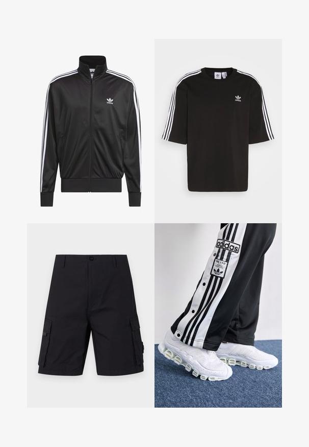 Čierna polyesterová bunda na zips s vysokým golierom, biely trojprúžkový dizajn pozdĺž rukávov a malé biele logo Adidas na ľavej hrudi.; Čierne tričko s krátkymi rukávmi vyrobené z bavlny, s bielymi trojpruhovými detailmi na ramenách a vyšitou logom Adidas na hrudi.; Čierne cargo šortky s rovného strihu, vyrobené z odolnej tkaniny. Majú dve bočné vrecká a zapínanie na gombík.; Čierne a biele teplákové nohavice Adidas so tromi pruhmi a cvokmi, skombinované s bielymi teniskami s hrubou, valcovitou podrážkou.
