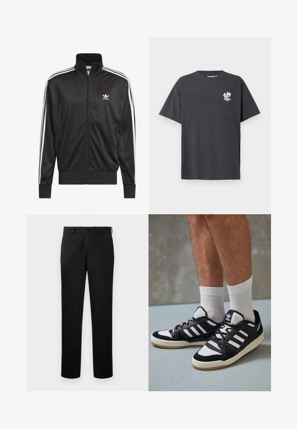Jachetă neagră din poliester, cu fermoar, guler înalt, design cu trei dungi albe pe mâneci și mici logo-uri albe Adidas pe pieptul stâng.; Tricou din bumbac gri cu guler rotund și mâneci scurte. Pe față se află un logo Adidas floral roz. Croială lejeră, fără modele sau embellishments.; Pantaloni negri cu croială dreaptă, cu închidere prin buton și fermoar, chingi pentru curea și o textură fină, fără modele.; Adidași negri și albi cu un superior din suede și piele, prevăzuți cu trei dungi albe, un vârf perforat și o talpă din cauciuc caramel.
