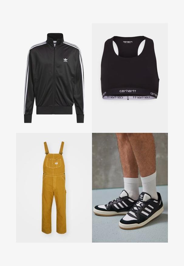 Černá polyesterová bunda na zip s vysokým límcem, bílý design tří pruhů podél rukávů a malé bílé logo Adidas na levé hrudi.; Černá sportovní podprsenka s kulatým výstřihem a designem s otevřenými zády. Obsahuje zesílený pas s bílým logem "Carhartt". Měkká textilie.; Žluté bavlněné kombinézy s nastavitelnými ramínky, předními kapsami a detaily z kovového hardwaru. Rovné nohavice, odolná tkanina a zpevněné švy.; Černobílé tenisky s vrchní částí z semišové a kožené kůže, včetně tří bílých pruhů, perforovaného špičky a podrážky z gumy.