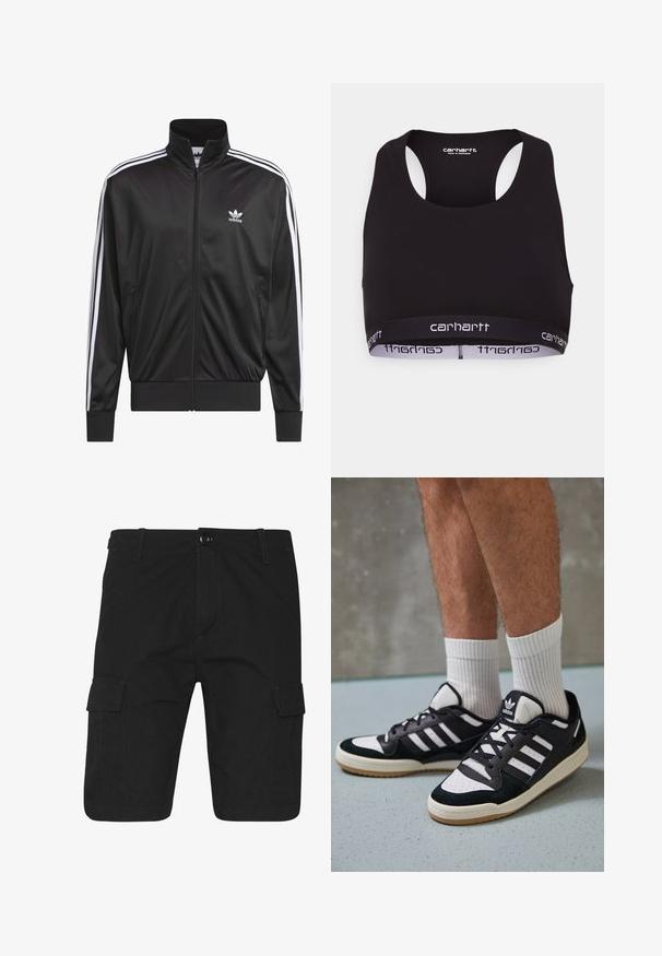 Juodas poliesterinis užtrauktukas su aukštu apykakle, baltos trijų juostelių dizainas palei rankoves ir mažas baltas Adidas logotipas kairiajame krūtinės pusėje.; Juodas sportinis liemenukas su apvaliu iškirpimu ir lenktu gale dizainu. Yra sustiprinta juosmens juosta su balta "carhartt" ženklinimo. Minkštas audinio paviršius.; Juodos krovininės šortai su tiesia kirpimo, turintys dvi šonines kišenes, kontrastingą siūlę ir mygtuko užsegimą juosmens srityje.; Juodos ir baltos sportinės bateliai su zomšiniu ir odiniu viršumi, su trimis baltomis juostelėmis, perforuota koja ir guminėmis padais.