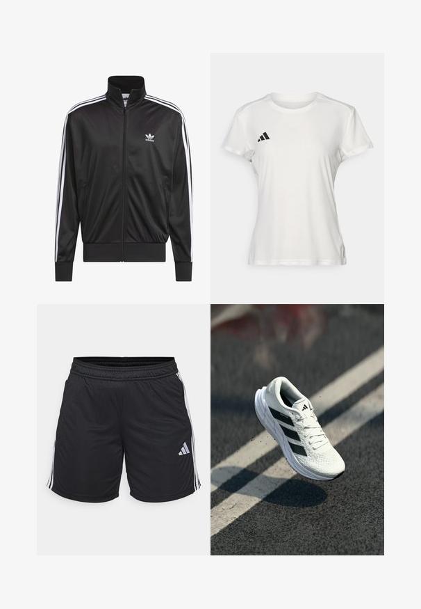 Melnas poliestera zip-up jaka ar augstu apkakli, baltu triju svītru dizainu gar piedurknēm un mazliet baltu Adidas logo kreisajā krūtī.; Balts sporta T-krekls, kas izgatavots no mitrumu absorbējoša auduma. Īsās piedurknes, apaļa kakla izgriezums, kreisajā krūtī ir melna logo un trīs svītru emblema.; Melnas sporta šortus ar vieglu, gludu tekstūru. Ar baltām sānu svītrām un mazu sudraba logotipu zemāk pa kreisi. Ar elastīgu jostu.; Baltas skrējiens apavi ar teksturētu augšdaļu, melns trīsliniju dizains, mīkstais apkakles, un viegla zole, novietoti gaisā virs ceļa virsmas.