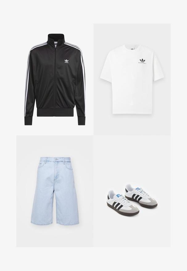 Giacca nera in poliestere con zip e collo alto, design a tre strisce bianche lungo le maniche e piccolo logo Adidas bianco sul lato sinistro del petto.; T-shirt bianco in cotone con maniche corte, caratterizzato da un logo nero "BASKETBALL" e dal noto design a tre strisce sul davanti.; Pantaloni shorts in denim azzurro chiaro con vestibilità ampia, dotati di vita alta, cinque tasche e chiusura con zip. Bordo pulito con minima sbiaditura.; Scarpe sportive con tomaia in pelle bianca, punta in suede grigia e tre strisce nere. Presentano un logo blu sulla linguetta e una suola in gomma testurizzata.