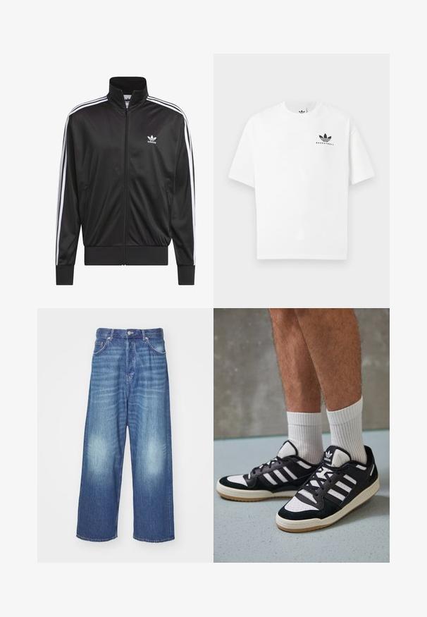 Veste zippée en polyester noir avec col montant, design à trois rayures blanches le long des manches et petit logo Adidas blanc sur la poitrine gauche.; T-shirt en coton blanc à manches courtes, avec un logo "BASKETBALL" noir et un design iconique à trois bandes à l'avant.; Jean en denim bleu à jambes larges avec une teinte délavée, cinq poches et une fermeture à bouton. Texture lisse avec un léger dégradé aux genoux.; Baskets noir et blanc avec une tige en suède et cuir, comportant trois rayures blanches, un bout perforé et une semelle en caoutchouc gum.
