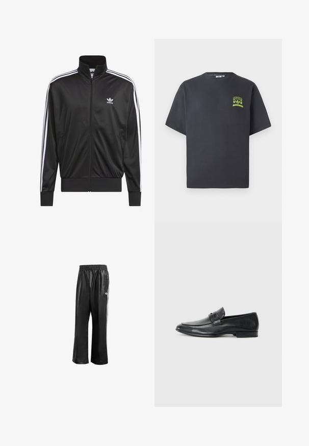 Černá polyesterová bunda na zip s vysokým límcem, bílý design tří pruhů podél rukávů a malé bílé logo Adidas na levé hrudi.; Tmavě šedé tričko Adidas s krátkým rukávem a malou neonově zelenou grafikou reproduktorů, slunce a loga Adidas na levé straně hrudníku.; Černé syntetické sportovní kalhoty s elastickým pasem, se bílými postranními pruhy a malým bílým logem na levém boku.; Černé kožené mokasíny s kulatou špičkou, prošívanými detaily, širokým páskem přes nárt a nízkým plochým podpatkem. Hladký povrch.