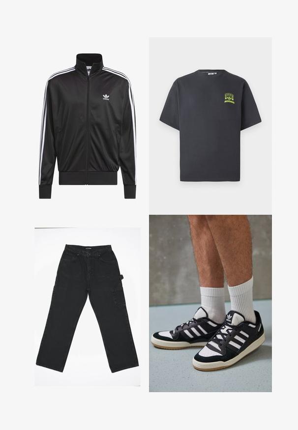 Chaqueta negra de poliéster con cremallera y alto cuello, diseño de tres rayas blancas a lo largo de las mangas y pequeño logo blanco de Adidas en el lado izquierdo del pecho.; Camiseta de Adidas en gris carbón con mangas cortas y un pequeño gráfico en neón verde de altavoces, sol y el logo de Adidas en el lado izquierdo del pecho.; Pantalones de mezclilla negra con un diseño de pierna recta, que cuentan con un cierre frontal de botón, bolsillos traseros y un bolsillo lateral tipo cargo.; Zapatillas en blanco y negro con parte superior de ante y cuero, que presentan tres franjas blancas, una puntera perforada y una suela de goma.