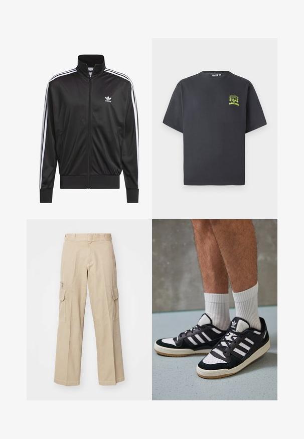 Černá polyesterová bunda na zip s vysokým límcem, bílý design tří pruhů podél rukávů a malé bílé logo Adidas na levé hrudi.; Tmavě šedé tričko Adidas s krátkým rukávem a malou neonově zelenou grafikou reproduktorů, slunce a loga Adidas na levé straně hrudníku.; Beige cargo kalhoty s širokým střihem, několika kapsami a kontrastním prošíváním. Vyrobeny z pevné bavlněné tkaniny, vybaveny poutky na pásek.; Černobílé tenisky s vrchní částí z semišové a kožené kůže, včetně tří bílých pruhů, perforovaného špičky a podrážky z gumy.