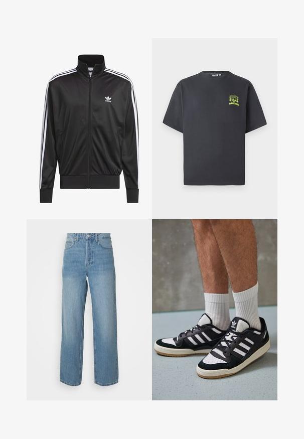 Schwarze Polyester-Jacke mit Reißverschluss und hohem Kragen, weißem Dreistreifen-Design an den Ärmeln und kleinem weißen Adidas-Logo auf der linken Brust.; Dunkelgraues Adidas-T-Shirt mit kurzen Ärmeln und einem kleinen neongrünen Aufdruck von Lautsprechern, Sonne und dem Adidas-Logo auf der linken Brust.; Hellblaue, hochtaillierte Jeans mit geraden Beinen, mit vorderem Knopfverschluss und Fünf-Taschen-Design auf schlichtem Hintergrund.; Schwarz-weiße Sneaker mit einem Obermaterial aus Wildleder und Leder, ausgestattet mit drei weißen Streifen, einer perforierten Zehenpartie und einer Sohle aus Gummi.
