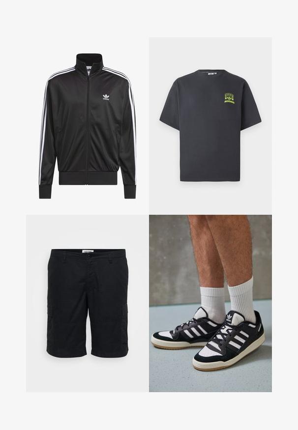 Musta polyesteristä valmistettu vetoketjullinen takki, jossa on korkea kaulus, valkoiset kolme raitaa hihoissa ja pieni valkoinen Adidas-logo vasemmassa rinnassa.; T-paita hiiligraniteväriä, jossa on lyhyet hihat ja pieni neonvihreä kuva kaiuttimista, auringosta ja Adidas-logosta vasemmalla rinnassa.; Musta cargo shorts, valmistettu puuvillasta. Ominaisuuksiin kuuluu kaksi sivutaskua, rento istuvuus sekä litteä etuosa, jossa on nappikiinnitys.; Valkoiset ja mustat tennarit, joissa on mokkanahka- ja nahkapäällinen, kolme valkoista raitaa, rei'itetty kärki ja kumipohja.