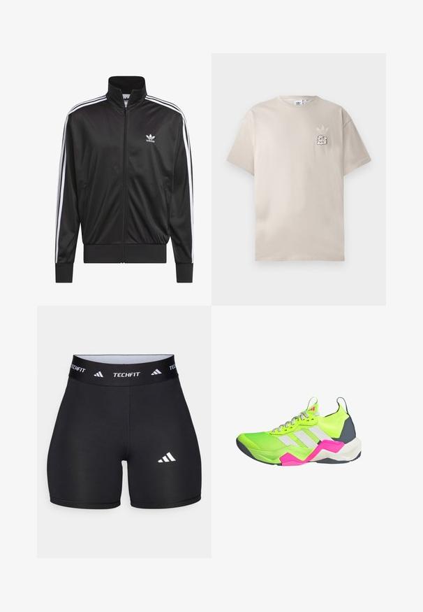 Veste zippée en polyester noir avec col montant, design à trois rayures blanches le long des manches et petit logo Adidas blanc sur la poitrine gauche.; T-shirt en coton beige avec un col rond, des manches courtes et un logo graphique subtil sur la poitrine gauche. Texture douce, design simple.; Shorts noirs en tissu extensible avec un design ajusté. Dotés d'une large ceinture noire portant l'étiquette "TECHFIT" et d'un logo blanc sur la jambe.; Chaussure de sport néon verte avec des accents gris, trois rayures blanches et des détails roses. Elle présente un dessus texturé et une semelle rembourrée.