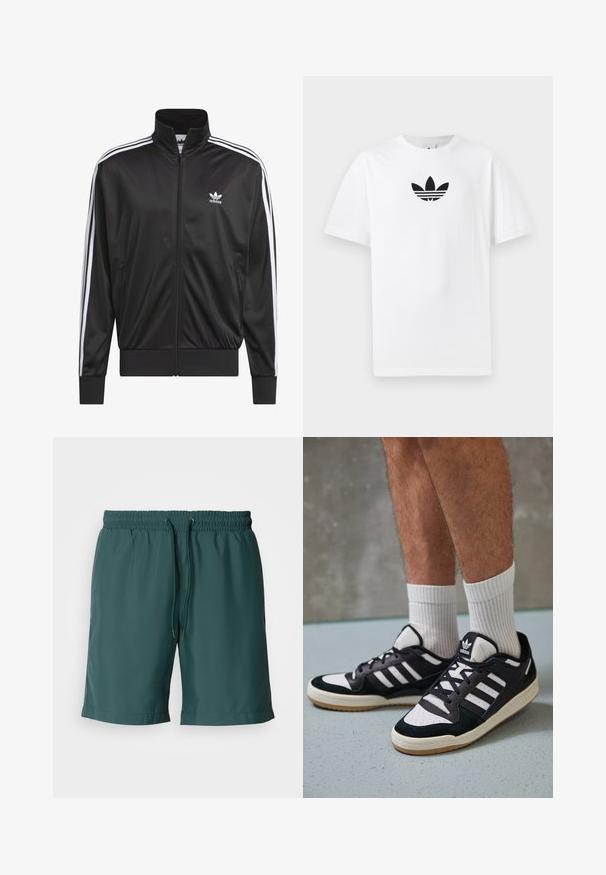 Černá polyesterová bunda na zip s vysokým límcem, bílý design tří pruhů podél rukávů a malé bílé logo Adidas na levé hrudi.; Bílá bavlněná tričko s černým logem Adidas uprostřed. Krátký rukáv a design s kulatým výstřihem. Hladká textura.; Zelené, lehké šortky s elastickým pasem a šňůrkou, s hladkým povrchem a bočními kapsami pro pohodlí.; Černobílé tenisky s vrchní částí z semišové a kožené kůže, včetně tří bílých pruhů, perforovaného špičky a podrážky z gumy.