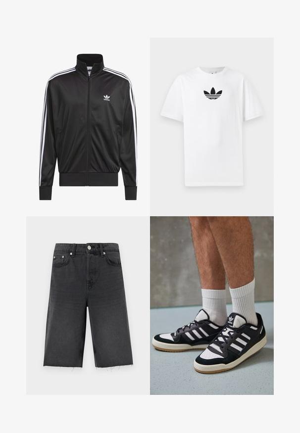 Juodas poliesterinis užtrauktukas su aukštu apykakle, baltos trijų juostelių dizainas palei rankoves ir mažas baltas Adidas logotipas kairiajame krūtinės pusėje.; Baltas medvilnės marškinėliai su juodu Adidas logo centre. Trumpomis rankovėmis ir apvalia kaklo iškirpte. Lygus audinys.; Juodi džinsiniai šortai su tiesiu kirpimu, šiek tiek nusidėvėjusiu kraštu, diržo kilpomis, penkiomis kišenėmis ir sidabrinės spalvos mygtukais.; Juodos ir baltos sportinės bateliai su zomšiniu ir odiniu viršumi, su trimis baltomis juostelėmis, perforuota koja ir guminėmis padais.