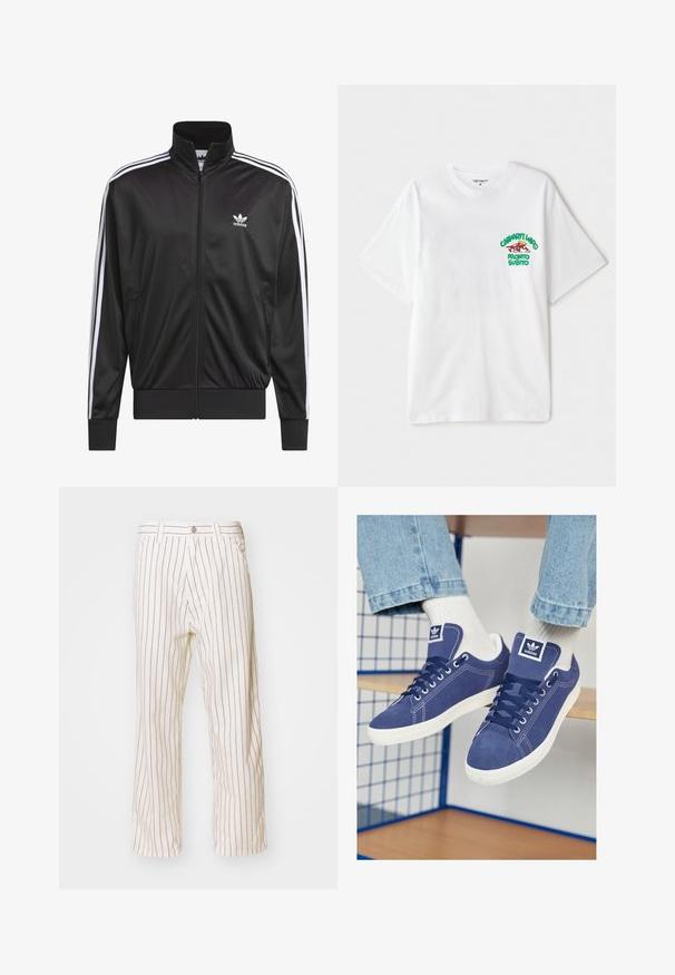 Fekete poliészter zipzáros dzseki magas gallérral, fehér háromsávos mintázattal az ujjak mentén, és kisméretű fehér Adidas logóval a bal mellrészen.; Fehér pamut póló, bal mellrészen zöld és piros grafikus felirattal, melyen az áll: "cashart Who Pronto Subito." Rövid ujjú.; Beige csíkozott nadrág, laza szabással, függőleges barna csíkokkal, elöl gombos záródással és oldalsó zsebekkel.; Sötétkék Adidas sportcipő, ami hasított bőrből készült, fehér gumi talppal, kerek orral és logóval ellátott nyelvvel. Élénk fehér zokni látható.