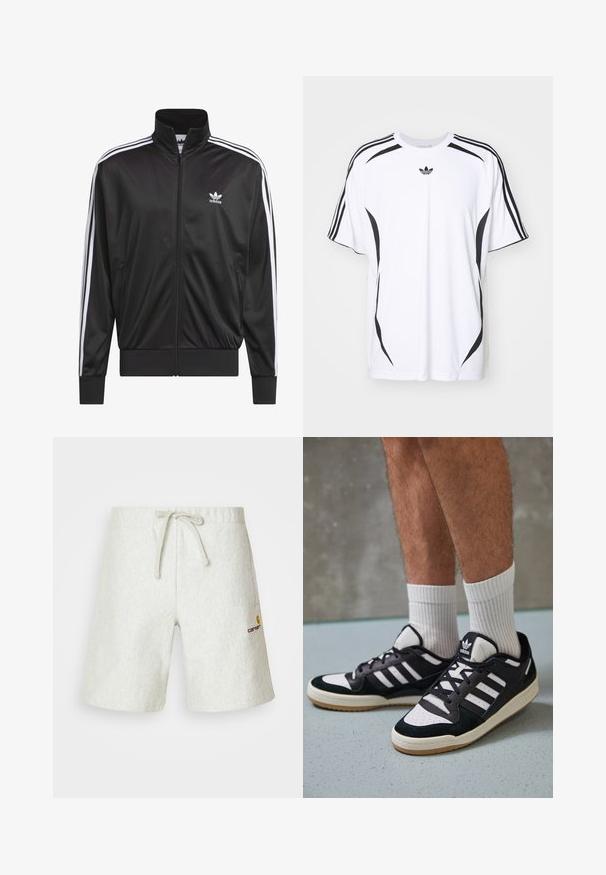 Schwarze Polyester-Jacke mit Reißverschluss und hohem Kragen, weißem Dreistreifen-Design an den Ärmeln und kleinem weißen Adidas-Logo auf der linken Brust.; Weißes Kurzarm-T-Shirt mit schwarzen seitlichen Akzenten und drei schwarzen Streifen auf den Schultern. Enthält ein kleines schwarzes Logo auf der Brust.; Hellgraue Shorts aus einem strukturierten Material. Sie verfügen über einen verstellbaren Kordelzugbund und ein kleines Logo auf der linken Seite.; Schwarz-weiße Sneaker mit einem Obermaterial aus Wildleder und Leder, ausgestattet mit drei weißen Streifen, einer perforierten Zehenpartie und einer Sohle aus Gummi.