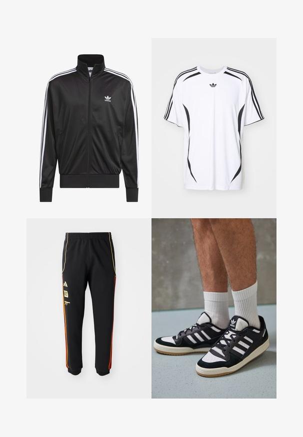 Fekete poliészter zipzáros dzseki magas gallérral, fehér háromsávos mintázattal az ujjak mentén, és kisméretű fehér Adidas logóval a bal mellrészen.; Fehér, rövid ujjú póló fekete oldalsó kiegészítőkkel és három fekete csíkkal a vállakon. Kis fekete logóval a mellkason.; Fekete sportnadrág elasztikus derékkal, arany és piros oldalsó csíkokkal, valamint sárga logókkal a bal combon.; Fekete-fehér tornacipők velúr és bőr felsőrésszel, három fehér csíkkal, perforált orral és gumi talppal.
