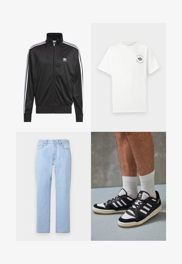 Jachetă neagră din poliester, cu fermoar, guler înalt, design cu trei dungi albe pe mâneci și mici logo-uri albe Adidas pe pieptul stâng.; Tricou alb din bumbac, cu mâneci scurte, decolteu rotund și logo-ul negru Adidas Originals imprimat pe pieptul stâng.; Jeans din denim de un albastru deschis, cu un design drept, cinci buzunare, închidere cu nasture și o textură ușor estompată. Coaserea este vizibilă la cusături.; Adidași negri și albi cu un superior din suede și piele, prevăzuți cu trei dungi albe, un vârf perforat și o talpă din cauciuc caramel.