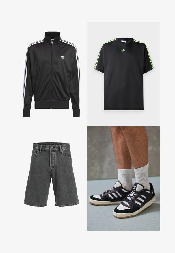 Črna poliestrska jakna s kapuco na zadrgo in visokim ovratnikom, z belim dizajnom treh črt po rokavih in majhnim belim logotipom Adidas na levem prsnem delu.; Črna majica iz gladkega materiala s krožnim izrezom, na ramenih pa ima tri zelene črte in majhen zelen logotip na prsih.; Črne jeans kratke hlače z udobnim krojem, opremljene z zapenjanjem na gumb, dvema sprednjima žepoma in subtilnim zbledelim vzorcem. Klasična zasnova s petimi žepi.; Črno-bele superge z zgornjim delom iz usnja in nubuka, ki imajo tri bele črte, perforiran vrh prstov in podplat iz gume.