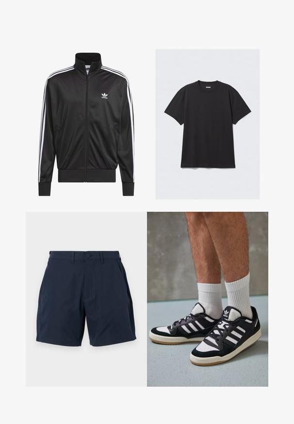 Chaqueta negra de poliéster con cremallera y alto cuello, diseño de tres rayas blancas a lo largo de las mangas y pequeño logo blanco de Adidas en el lado izquierdo del pecho.; Camiseta de algodón de manga corta en color negro. Cuenta con un cuello redondo y un corte relajado. Diseño sencillo sin patrones ni acentos visibles.; Pantalones cortos azul marino hechos de un tejido suave y ligero. Con cierre de botón, bolsillos laterales y un diseño ajustado con corte recto.; Zapatillas en blanco y negro con parte superior de ante y cuero, que presentan tres franjas blancas, una puntera perforada y una suela de goma.