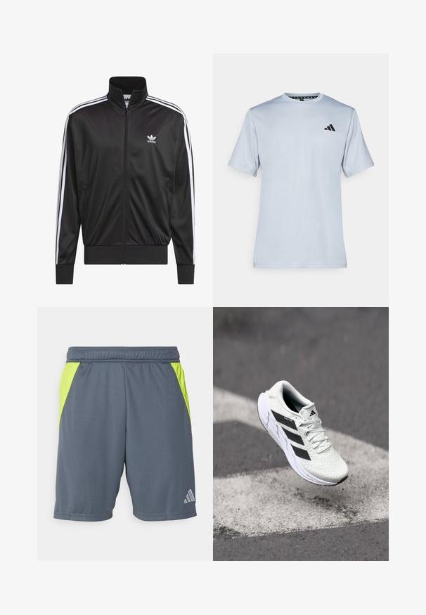 Melnas poliestera zip-up jaka ar augstu apkakli, baltu triju svītru dizainu gar piedurknēm un mazliet baltu Adidas logo kreisajā krūtī.; adidas Performance TRAIN ESSENTIALS - Sporta krekli - halo silver-coloured/black; Grafītveida sporta šorti ar neonzaļiem sānu paneliem, elastīgu jostasvietu un mazu sudraba logo apakšējā labajā stūrī. Gluda auduma tekstūra.; Baltas sporta apavs ar teksturētu sietu augšu, melnām svītrām, auklu aizdari un mīkstu zoli, kas levitē virs marķētas ceļa virsmas.