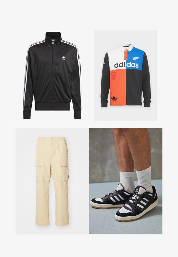 Czarna kurtka polarowa z zamkiem błyskawicznym i wysokim kołnierzem, biała trójpasowa linia wzdłuż rękawów oraz małe białe logo Adidas na lewej piersi.; Dwukolorowa koszulka polo z długim rękawem w kolorach czarnym, białym, pomarańczowym i niebieskim, z kołnierzykiem, zapięciem na guziki i wyraźnym logo Adidas.; Beżowe spodnie cargo wykonane z materiału z elastycznym paskiem i zapięciem na guzik. Posiadają dwie boczne kieszenie i prosty fason.; Czarno-białe sneakersy z zamszową i skórzaną cholewką, z trzema białymi paskami, perforowanym czubkiem i gumową podeszwą w kolorze gumy.