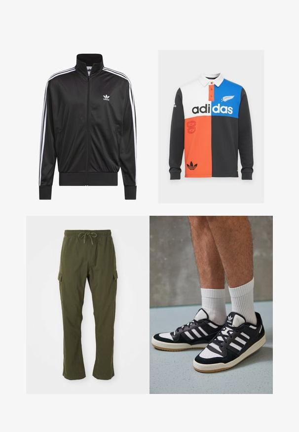 Juodas poliesterinis užtrauktukas su aukštu apykakle, baltos trijų juostelių dizainas palei rankoves ir mažas baltas Adidas logotipas kairiajame krūtinės pusėje.; Juodos, baltos, oranžinės ir mėlynos spalvų blokų ilgų rankovių polo marškiniai su apykakle, mygtukų užsegimu ir išskirtiniu Adidas ženklinimu.; Olivine žalios spalvos cargo kelnės su elastinga juosta, raišteliu ir šoninėmis kišenėmis. Audinys atrodo minkštas su lygiu paviršiumi.; Juodos ir baltos sportinės bateliai su zomšiniu ir odiniu viršumi, su trimis baltomis juostelėmis, perforuota koja ir guminėmis padais.