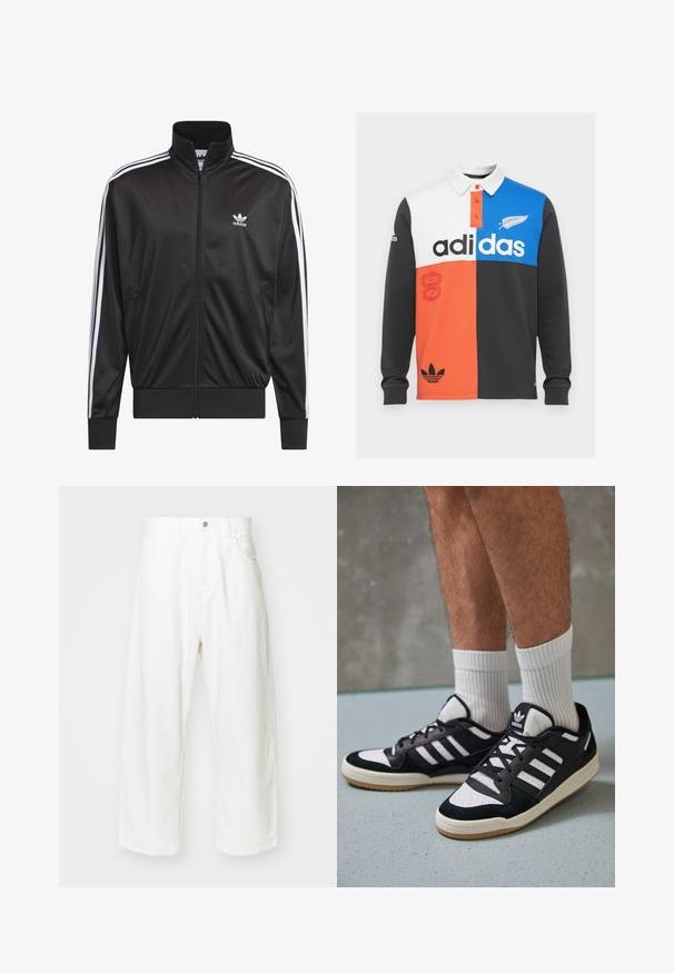 Veste zippée en polyester noir avec col montant, design à trois rayures blanches le long des manches et petit logo Adidas blanc sur la poitrine gauche.; Polo shirt à manches longues en blocs de couleur noir, blanc, orange et bleu, avec un col, une patte de boutonnage et un logo Adidas bien visible.; Jean large blanc en denim, avec une taille haute, cinq poches et une fermeture à bouton. Design simple avec des bords bruts.; Baskets noir et blanc avec une tige en suède et cuir, comportant trois rayures blanches, un bout perforé et une semelle en caoutchouc gum.