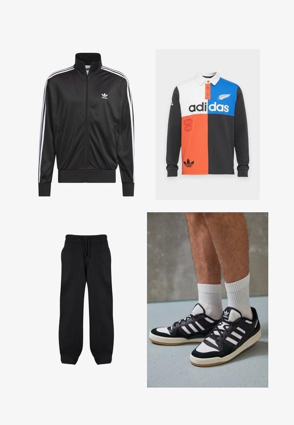 Melnas poliestera zip-up jaka ar augstu apkakli, baltu triju svītru dizainu gar piedurknēm un mazliet baltu Adidas logo kreisajā krūtī.; Krāsaini blokota garām piedurknēm polo krekls melnā, baltā, oranžā un zilā krāsā, ar apkakli, pogu aizdari un izteiksmīgu Adidas zīmolu.; Melni sporta bikses ar elastīgu vidukli, auklu un sānu kabatām. Izgatavotas no mīkstas auduma ar brīvu piegriezumu un apkaklēm pie potītēm.; Melnas un baltas kedas ar zamša un ādas augšdaļu, kas aprīkotas ar trim baltām svītrām, perforētu purngali un gumijas zolēm.