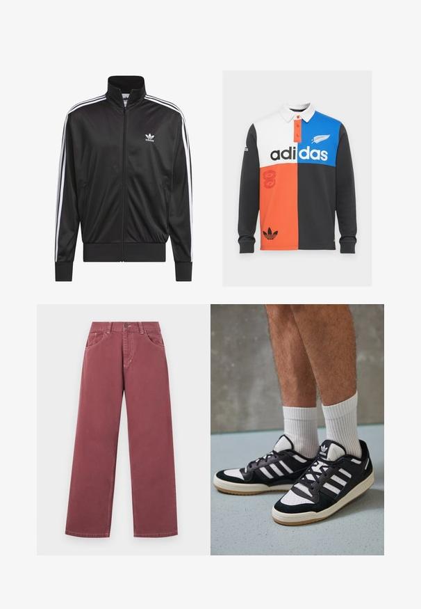 Črna poliestrska jakna s kapuco na zadrgo in visokim ovratnikom, z belim dizajnom treh črt po rokavih in majhnim belim logotipom Adidas na levem prsnem delu.; Barvni blokirani dolgi rokav polo majica v črni, beli, oranžni in modri barvi, z ovratnikom, gumbnim zapiranjem in opaznim Adidasovim logotipom.; Široke, burgundske kavbojke iz bombaža s gladko teksturo, ki imajo sprednje žepke, obrobo za pas in enojno zapiralo na gumb.; Črno-bele superge z zgornjim delom iz usnja in nubuka, ki imajo tri bele črte, perforiran vrh prstov in podplat iz gume.