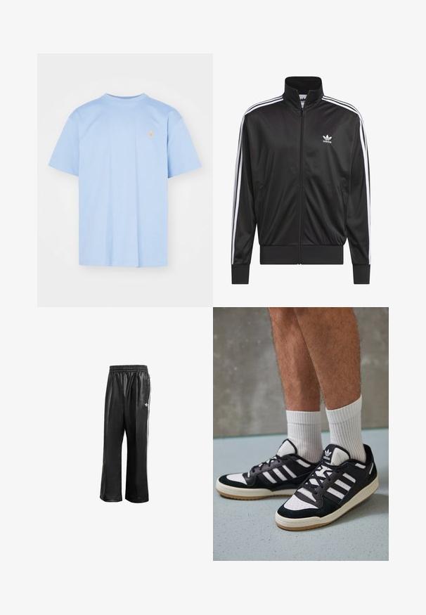 Černá polyesterová bunda na zip s vysokým límcem, bílý design tří pruhů podél rukávů a malé bílé logo Adidas na levé hrudi.; Světle modré bavlněné tričko s krátkými rukávy, kulatým výstřihem a malým vyšitým logem v oranžové barvě na hrudi. Jednoduchý, nezdobený design.; Černé syntetické sportovní kalhoty s elastickým pasem, se bílými postranními pruhy a malým bílým logem na levém boku.; Černobílé tenisky s vrchní částí z semišové a kožené kůže, včetně tří bílých pruhů, perforovaného špičky a podrážky z gumy.