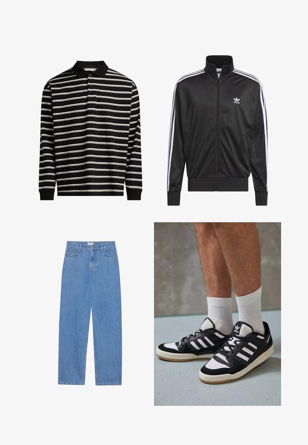 Chaqueta negra de poliéster con cremallera y alto cuello, diseño de tres rayas blancas a lo largo de las mangas y pequeño logo blanco de Adidas en el lado izquierdo del pecho.; Camisa polo de manga larga confeccionada con tejido negro y rayas horizontales blancas, con cuello y tapeta de tres botones.; Jeans de mezclilla azul claro con corte recto, diseño de cinco bolsillos, cierre de un solo botón y detalles de costura sutiles en las costuras.; Zapatillas en blanco y negro con parte superior de ante y cuero, que presentan tres franjas blancas, una puntera perforada y una suela de goma.