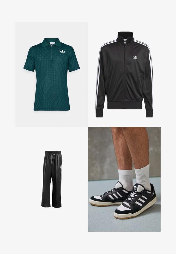 Mustad polüestrist tõmbluku jack, millel on kõrge krae, valge kolmest triibust koosnev disain varrukatel ja väike valge Adidas'i logo vasakul rinnal.; Tumesine polo särk, millel on tõmblukuga krae, diamond mustriga tekstuur ja valge logo aktsent vasakul rinnal. Lühikesed varrukad.; Mustad sünteetilised spordipüksid mustas värvuses, elastse vöökohaga, valgete külgmiste triipudega ja vasakul puusal väikese valge logoga.; Mustvalged ja valged spordijalatsid, mille pealmine osa on valmistatud suede'ist ja nahast. Kingadel on kolm valget riba, auguline varvas ja kummist tald.