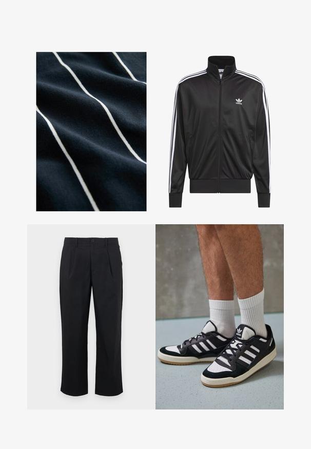 Černá polyesterová bunda na zip s vysokým límcem, bílý design tří pruhů podél rukávů a malé bílé logo Adidas na levé hrudi.; Námořnická modrá látka s bílými svislými pruhy, se hladkou texturou a mírným leskem, který zdůrazňuje pruhovaný design.; Černé kalhoty s rovný fit, s puky vpředu, knoflíkovým zapínáním a hladkou texturou látky.; Černobílé tenisky s vrchní částí z semišové a kožené kůže, včetně tří bílých pruhů, perforovaného špičky a podrážky z gumy.