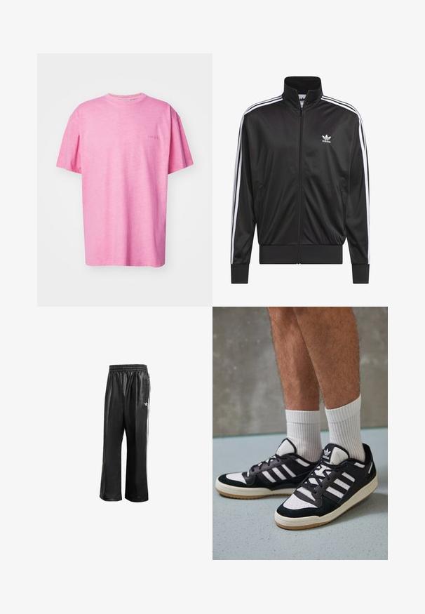 Veste zippée en polyester noir avec col montant, design à trois rayures blanches le long des manches et petit logo Adidas blanc sur la poitrine gauche.; Carhartt WIP DUSTER SCRIPT - T-shirt basique - charm pink; Pantalons de sport synthétiques noirs avec une taille élastique, dotés de rayures blanches sur les côtés et d'un petit logo blanc sur la hanche gauche.; Baskets noir et blanc avec une tige en suède et cuir, comportant trois rayures blanches, un bout perforé et une semelle en caoutchouc gum.