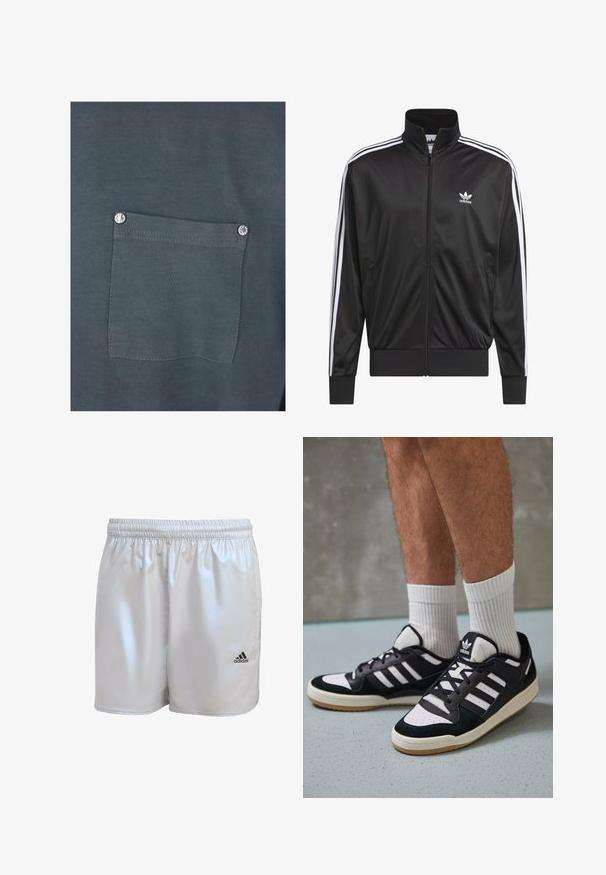 Schwarze Polyester-Jacke mit Reißverschluss und hohem Kragen, weißem Dreistreifen-Design an den Ärmeln und kleinem weißen Adidas-Logo auf der linken Brust.; Dunkelgraues Baumwoll-T-Shirt mit einer Brusttasche und einem silbernen Druckknopf sowie glatter Textur. Die Nahtdetails sind rund um die Tasche sichtbar.; adidas Originals SUPERNOVA - Shorts - halo silver; Schwarz-weiße Sneaker mit einem Obermaterial aus Wildleder und Leder, ausgestattet mit drei weißen Streifen, einer perforierten Zehenpartie und einer Sohle aus Gummi.