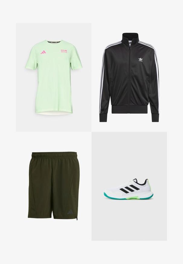 Czarna kurtka polarowa z zamkiem błyskawicznym i wysokim kołnierzem, biała trójpasowa linia wzdłuż rękawów oraz małe białe logo Adidas na lewej piersi.; adidas Performance BER25 ciemnozielony; adidas Performance - Krótkie spodenki sportowe; Biała sportowa tenisówka z siateczkowym cholewką, czarnymi paskami i zielonymi akcentami. Posiada teksturowaną podeszwę oraz wyściełany kołnierz dla wsparcia.