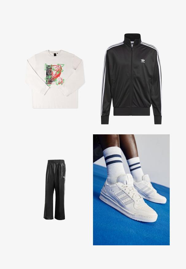 Giacca nera in poliestere con zip e collo alto, design a tre strisce bianche lungo le maniche e piccolo logo Adidas bianco sul lato sinistro del petto.; T-shirt a maniche lunghe bianca con stampa grafica, dettagli rossi e verdi, design astratto e sfondo a motivi neri.; Pantaloni da corsa neri in materiale sintetico con vita elasticizzata, caratterizzati da strisce laterali bianche e un piccolo logo bianco sull'anca sinistra.; Sneaker bianchi in pelle con dettagli perforati, tre strisce metalliche e un pannello laterale testurizzato. Indossati con calzini bianchi con strisce blu.