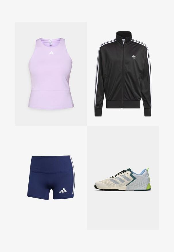 Chaqueta negra de poliéster con cremallera y alto cuello, diseño de tres rayas blancas a lo largo de las mangas y pequeño logo blanco de Adidas en el lado izquierdo del pecho.; Camiseta deportiva lila de tejido suave con un diseño ajustado, que presenta un cuello redondo y un logo blanco de Adidas en el pecho.; Pantalones cortos deportivos de color azul marino con un ajuste ceñido, hechos de una tela suave, con rayas blancas en los costados y un logotipo en la parte inferior izquierda.; Zapatillas deportivas ligeras con parte superior de malla color crema, franjas grises, un acento verde y un contador de talón texturizado en azul. Cordones negros.