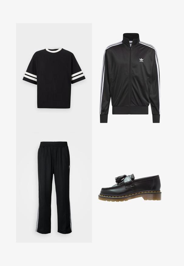 Sort polyester zip-jakke med høj krave, hvid tre-stribe design langs ærmerne og lille hvid Adidas-logo på venstre bryst.; Sort kortærmet t-shirt lavet af bomuld, med en rund hvid halsudskæring og to vandret hvide striber på hver ærme.; Sorte træningsbukser med elastisk talje, der har hvide sidestænger og et lille logo. Materialet ser blødt og let ud.; Sorte læder loafers med en tekstureret overflade, der har en dekorativ kvast og kontrasterende gul syning, på en chunky, transparent sål.