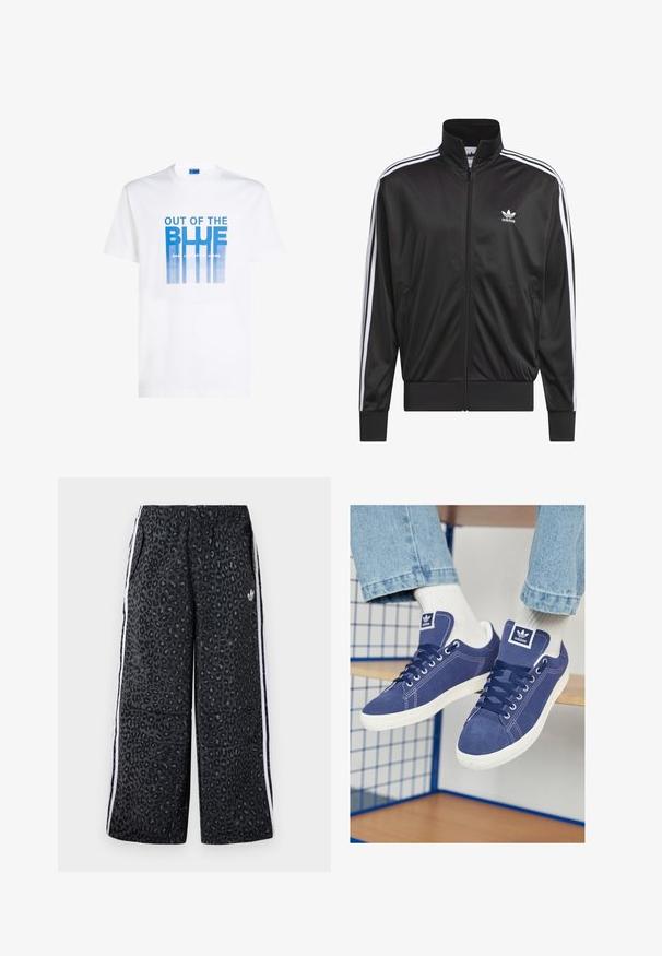 Juodas poliesterinis užtrauktukas su aukštu apykakle, baltos trijų juostelių dizainas palei rankoves ir mažas baltas Adidas logotipas kairiajame krūtinės pusėje.; Balta medvilnė marškinėliai su mėlynu grafinė spausdinimu ir tekstu "IŠ MĖLYNOS" bei vertikaliomis linijomis. Apvalus iškirpimas, trumpomis rankovėmis.; adidas Originals GRAPHIC UNISEX - Treningo apatinė dalis - black; Tamsiai mėlyni Adidas sportbačiai, pagaminti iš zomšos, su baltais guminais padu, apvaliais pirštais ir logotipo ženkleliu ant liežuvėlio. Matomos ryškiai baltos kojinės.