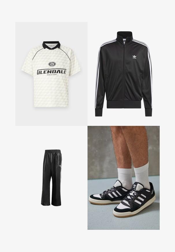 Svart polyester zip-up jakke med høy krage, hvit tre-stripesdesign langs ermene, og liten hvit Adidas-logo på venstre bryst.; Kortsleeve polo skjorte i hvit med rutemønster. Svart krage, aksentuert med en logo og teksten "GLENDALE 91224 LA COUNTY".; Sorte syntetiske treningsbukser med elastisk midje, som har hvite sidestreker og en liten hvit logo på venstre hofte.; Sorte og hvite sneakers med overdel i semsket skinn og lær, med tre hvite striper, perforert tå og en såle av gummi.