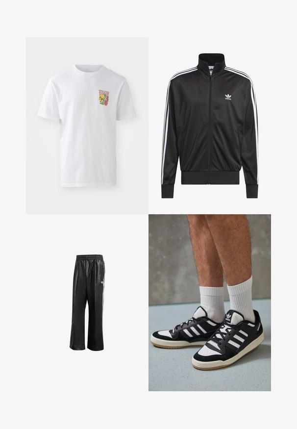 Schwarze Polyester-Jacke mit Reißverschluss und hohem Kragen, weißem Dreistreifen-Design an den Ärmeln und kleinem weißen Adidas-Logo auf der linken Brust.; Weißes Baumwoll-T-Shirt mit Rundhalsausschnitt, kurzen Ärmeln und einem bunten Grafikdesign mit einem Totenkopf und Blumen auf der Brust.; Schwarze synthetische Sporthosen mit elastischem Taillenbund, ausgestattet mit weißen Seitenstreifen und einem kleinen weißen Logo auf der linken Hüfte.; Schwarz-weiße Sneaker mit einem Obermaterial aus Wildleder und Leder, ausgestattet mit drei weißen Streifen, einer perforierten Zehenpartie und einer Sohle aus Gummi.
