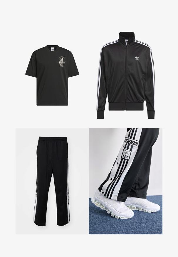 Jaqueta preta em poliéster com fecho, gola alta, design de três riscas brancas nas mangas e pequeno logótipo Adidas branco no lado esquerdo do peito.; T-shirt de algodão preto com mangas curtas, decote redondo e impressão branca de marca com "Los Angeles" e "Adidas" na parte da frente.; Calças de atletismo pretas, feitas de tecido suave, com riscas brancas nas laterais e um cós elástico para conforto. Sem detalhes ou padrões notáveis.; Calças de treino Adidas em preto e branco com três riscas e botões de pressão, combinadas com ténis brancos com uma sola grossa e tubular.
